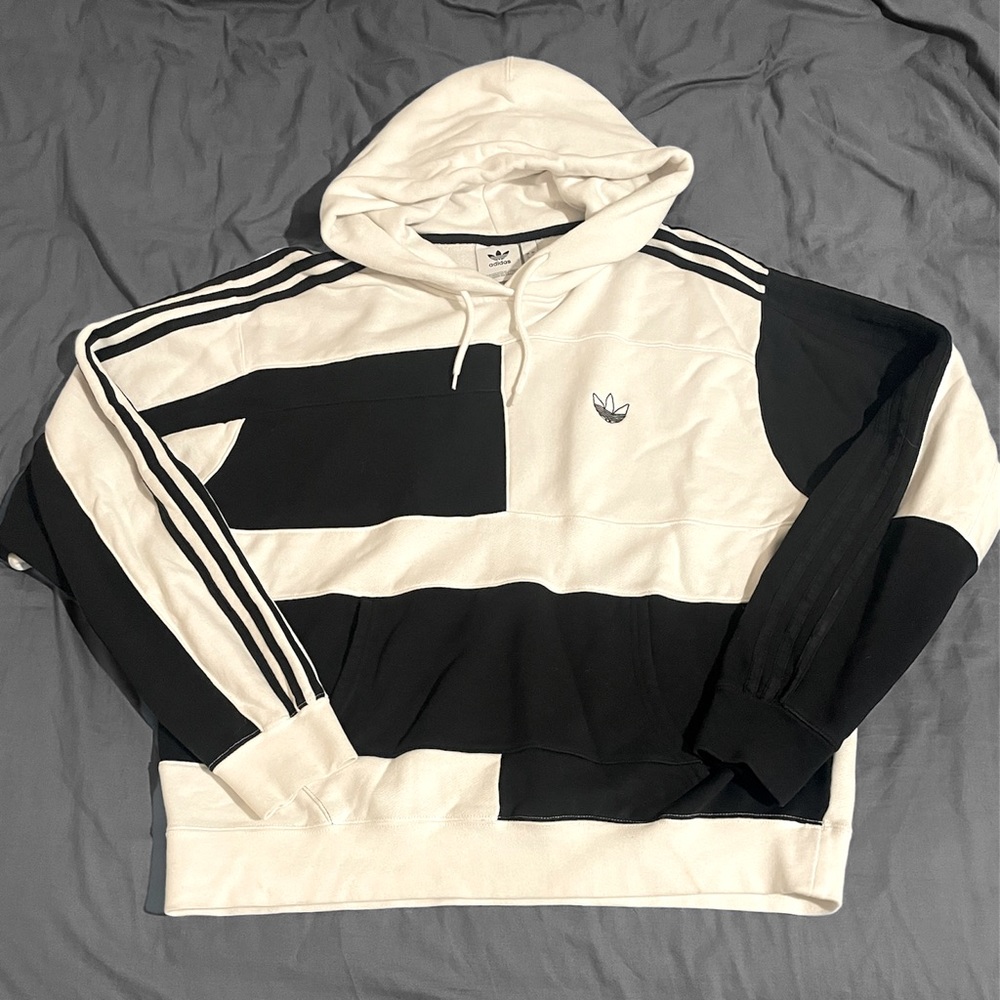Adidas Asymmetrical Hoodie Black White 3 Stripes Men’s Large Sweatshirt